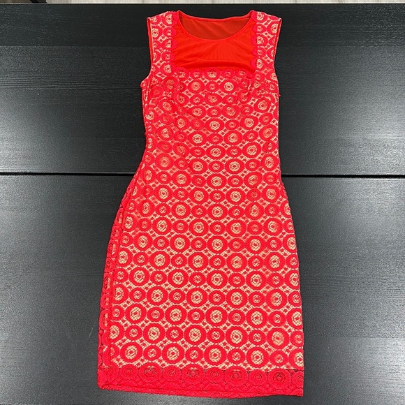 Bebe Red Lined Lace Bodycon Mini Dress with Mesh Inserts - XS - Picture 2 of 12